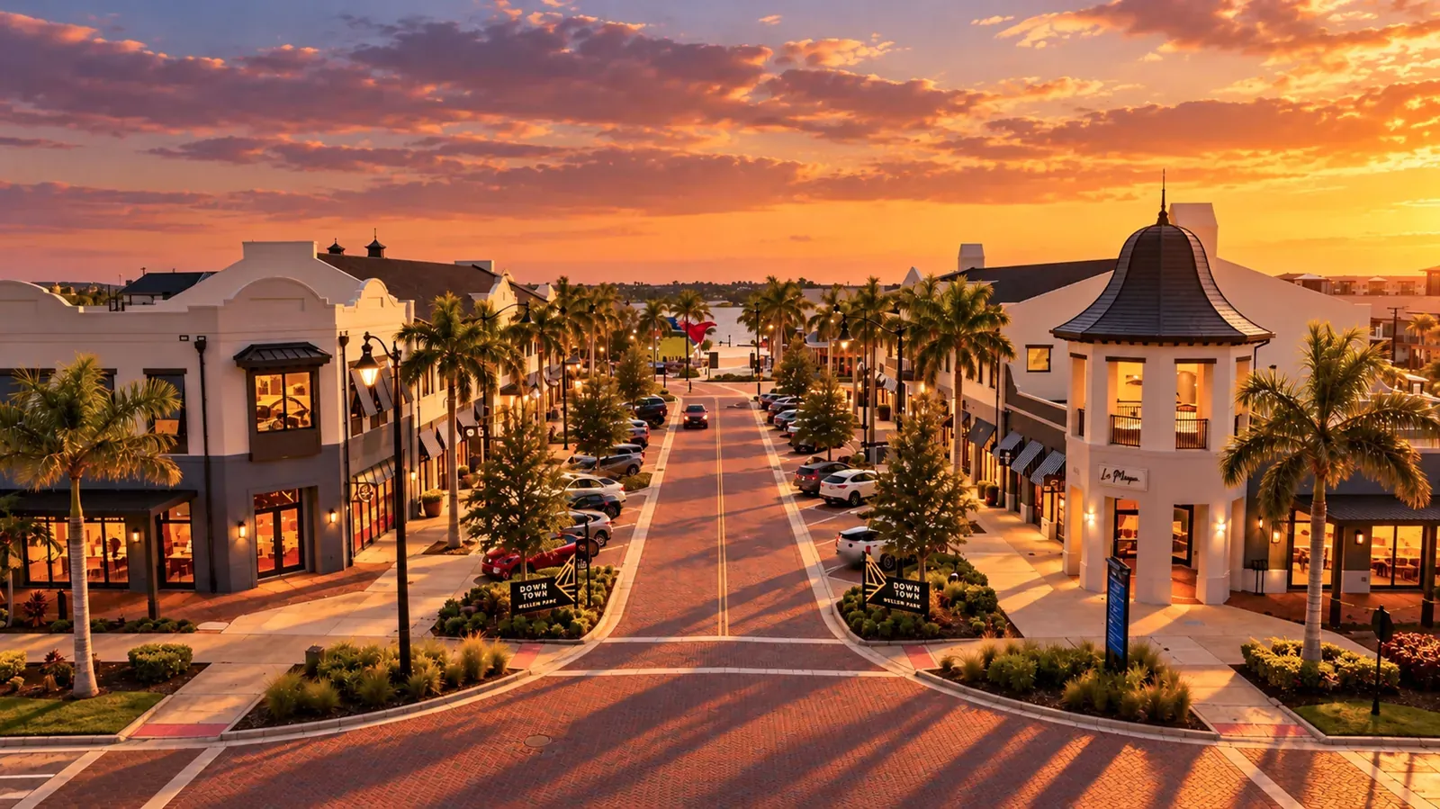 Palm-lined main street in Downtown Wellen Park at sunset, seen from above